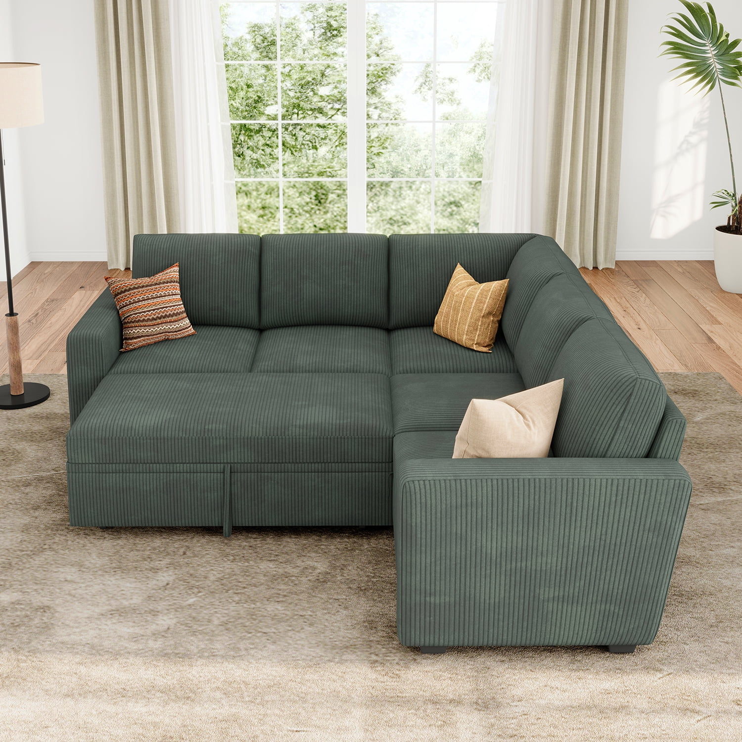 Marrber 83.4” Modular L-Shaped Corduroy Sectional Sleeper Sofa with Pull-Out Bed and Storage for Living Room, Green
