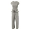 thumbnail image 3 of Womens 2 Piece Smocked Top Wide-Leg Pants Set High-Waisted Lounge Outfit Boho Style Set (Grey L), 3 of 5