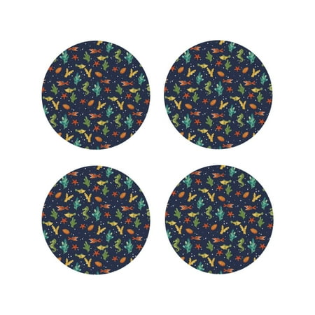 

Fuzoiu Shells and Seaweed Print Leather Coasters Set Drink Coasters Set of 4 for Tabletop Protection Durable PVC Coasters Home Décor and Housewarming Gift-Round Shape