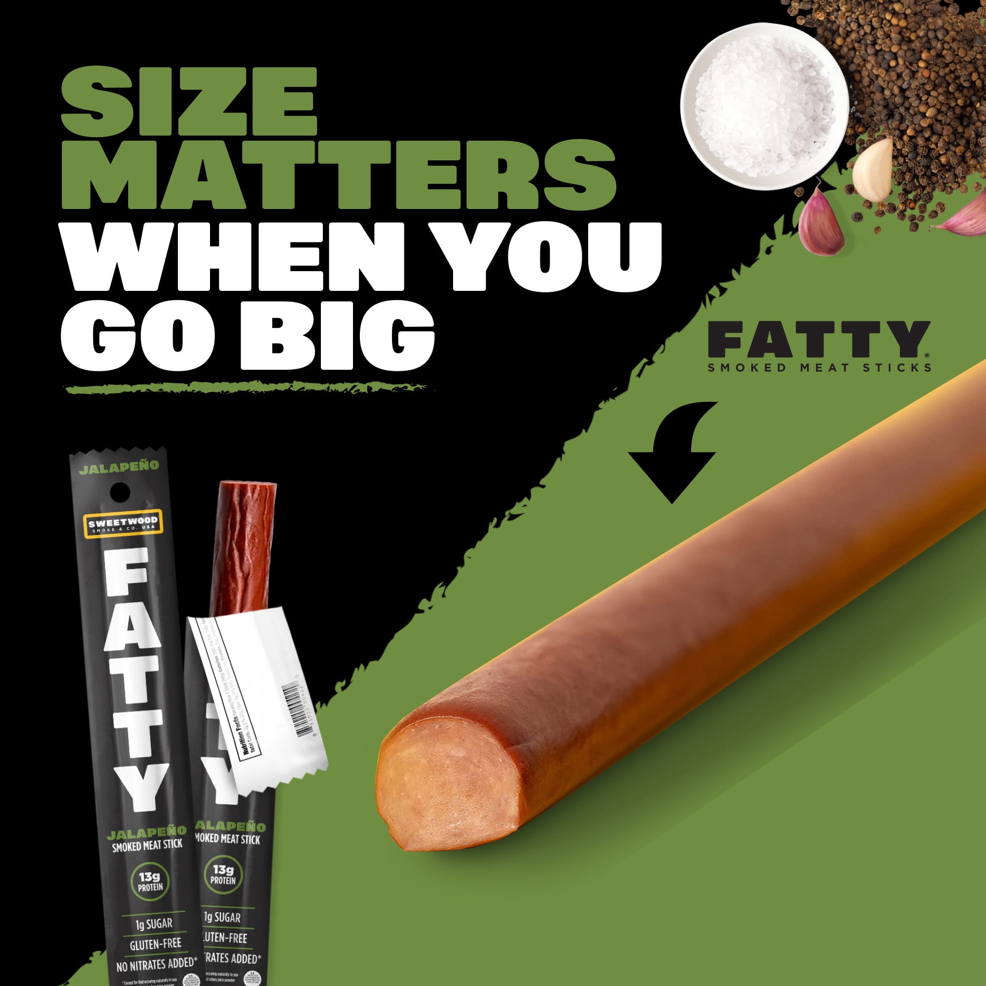 FATTY Meat Sticks, Grass-Fed Beef, High Protein Snack, Camping, Sports,  Road Trip, Low Carb, Gluten Free, MSG Free, Nitrate Free, Jalapeno Flavor,  2 