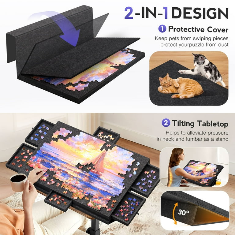 Malau Tablero Puzzle 1000 Piezas Con Cajones Y Funda – Plegable, Portátil Y Con Soporte Inclinado – Ideal Para Rompecabezas En Familia (Gris)