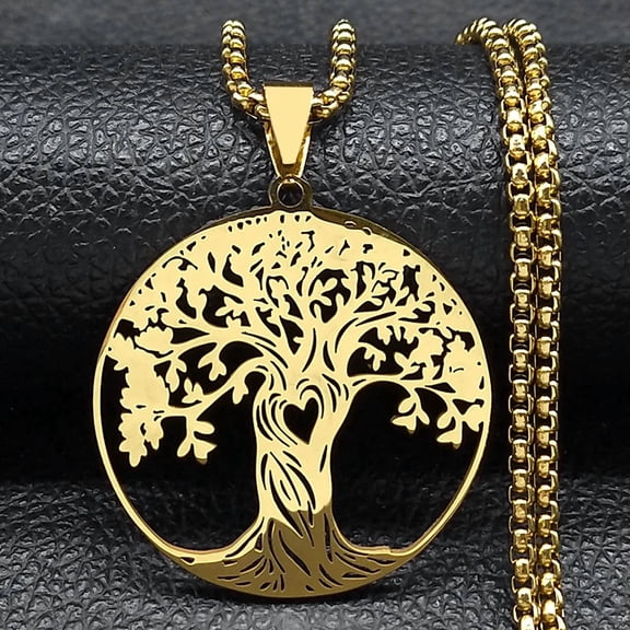 Aesthetic Tree Of Life Love Heart Pendant Necklace for Women Men, 14K Gold Filled Elegant Decorative Chain Fashion Statement Jewelry