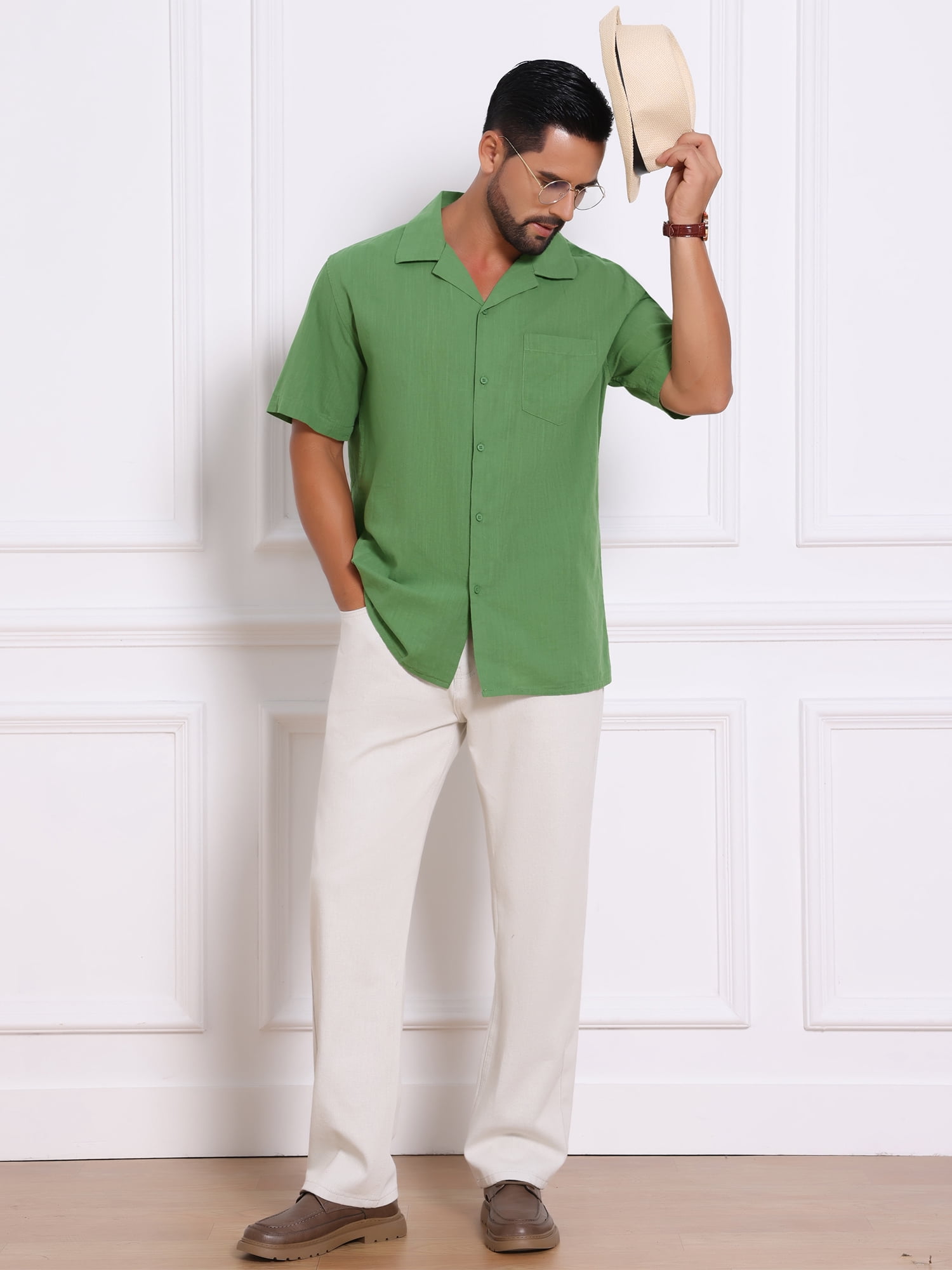 DARING DIVA Men's Camp Collar Button Down Short Sleeve Cotton Shirts M Green