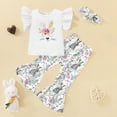 thumbnail image 2 of Easter Toddler Girl Outfit Toddler Kids Baby Girls Easter Outfits Short Sleeve Bunny Print Shirt Tops Flared Pants Bell Bottoms Headband 3Pcs Set My First Easter White 3 Years-4 Years, 2 of 7