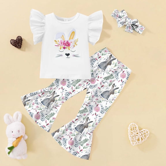 RMGVDSD Toddler Baby Girls Easter Outfits Short Sleeve Bunny Print T-Shirt Tops Flared Pants Bell Bottoms Headband 3Pcs Clothes Set Versatile School Wear