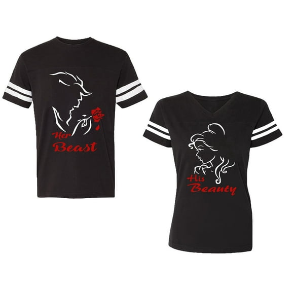 Her Beauty His Beast Unisex Couple Matching Cotton Jersey style T-Shirt Contrasting stripes on sleeves (Men Black / Women Black) (Men S / Women S)