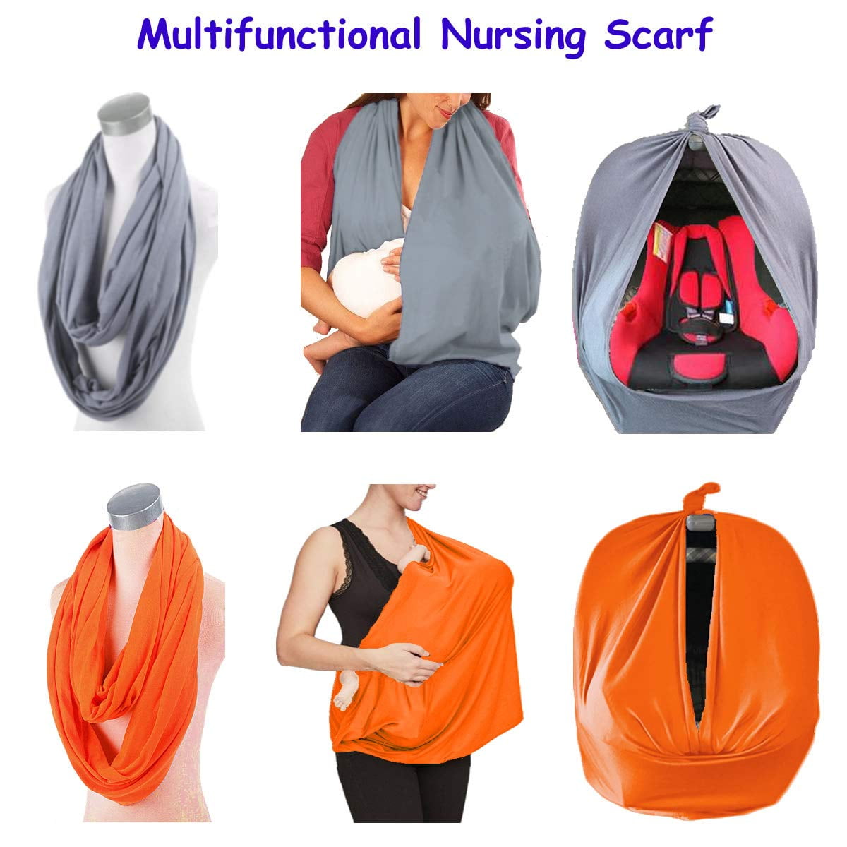 2 Pack Nursing Cover Breastfeeding Cover Breast Feeding Cover ups Infinity Scarf, Lightweight Soft Breathable Udder Cover Light car-seat Stroller Canopy mom Baby Essentials (Light Gray Orange)