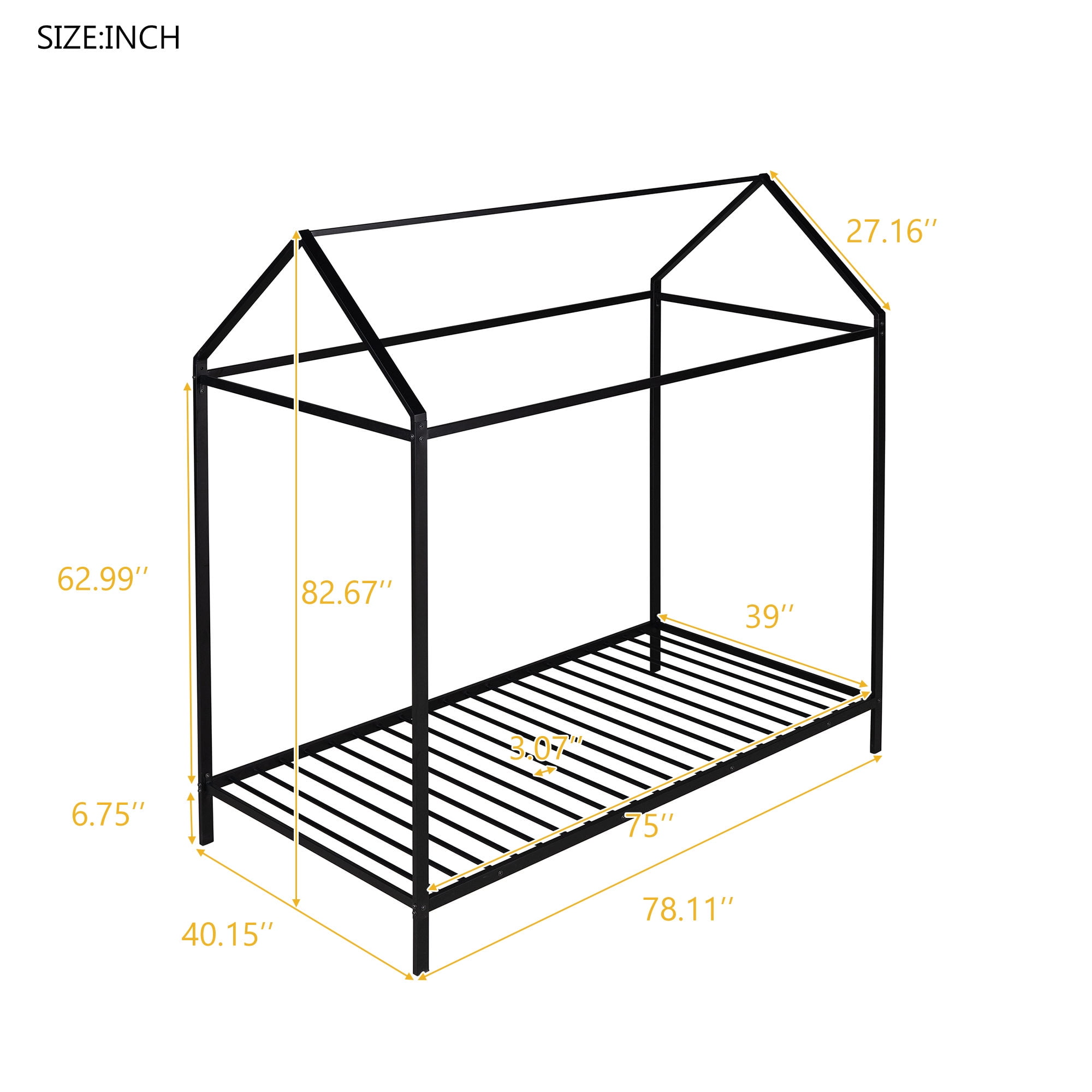 Gewnee Twin Size Kids Bed Frame, Metal Platform Bed Frame With Canopy,No Box Spring Needed. Black