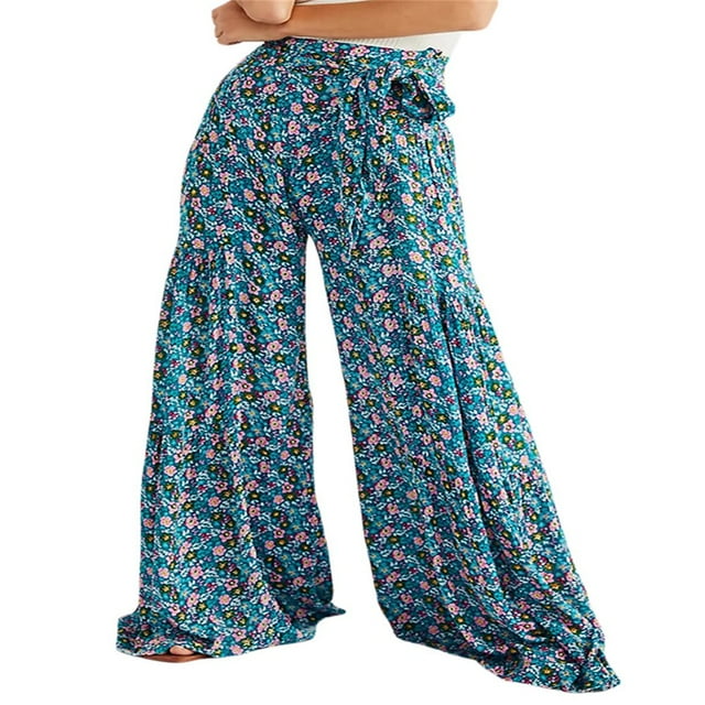 Boho Pantalons de Plage pour Femmes Taille Haute Décontractée Ample Jambe Large Droite Imprimée