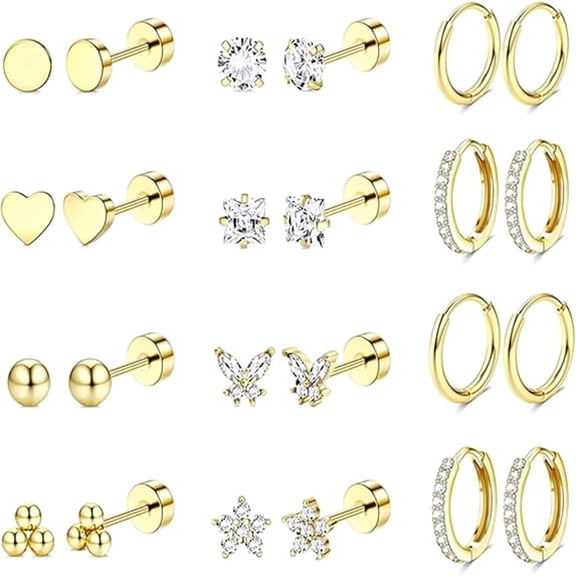 DESIGNICE Hypoallergenic 18K Gold Plated Flat Back Earrings for Women Men Surgical Stainless Steel Earrings for Sensitive Ears Small Stud Hoop Cartilage Earring Stack Set for Piercing Jewelry