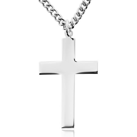 24 Vintage Silver Plated - Classic Sterling Silver High Polish Flat Cross Pendant for Men + 24 Inch Rhodium Plated Chain & Clasp