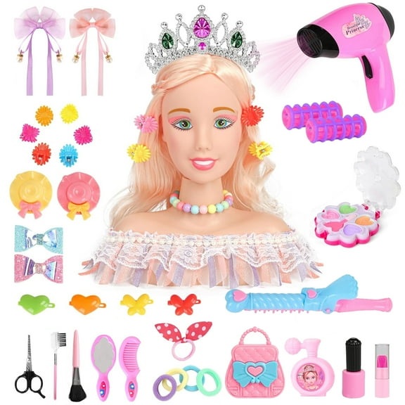 LINXUXIE 39PCS Hair Styling Doll Head Makeup Kit for Girls, Hairdryer Curling Iron Crown Hairpins Accessories, Birthday Gift for 3-5 5-8 8-12 Years Old Toy