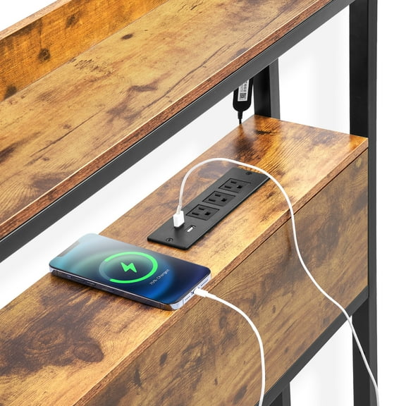 KFFKFF Full Bed Headboard, Height-Adjustable with Dual Shelf Storage, Independent Head Board Incorporating Charging Hub and LED Illumination for Various Bed Structures, Simple to Assemble, Brown