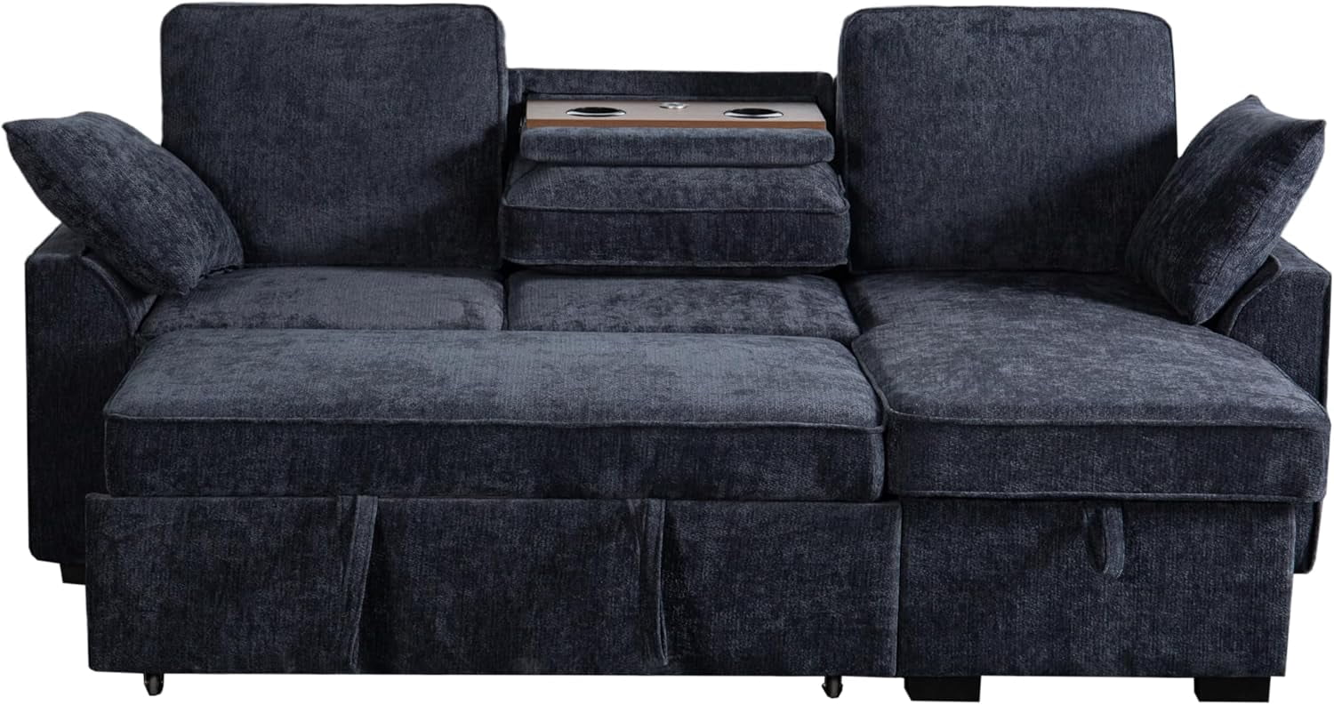 Howcool Sectional Sleeper Sofa,L Shaped Chenille Convertible Sofa Bed 85.5" 3 Seater with Flip-Down Center Console,Pull Out Couch for Living Room Apartment Office,Dark Blue