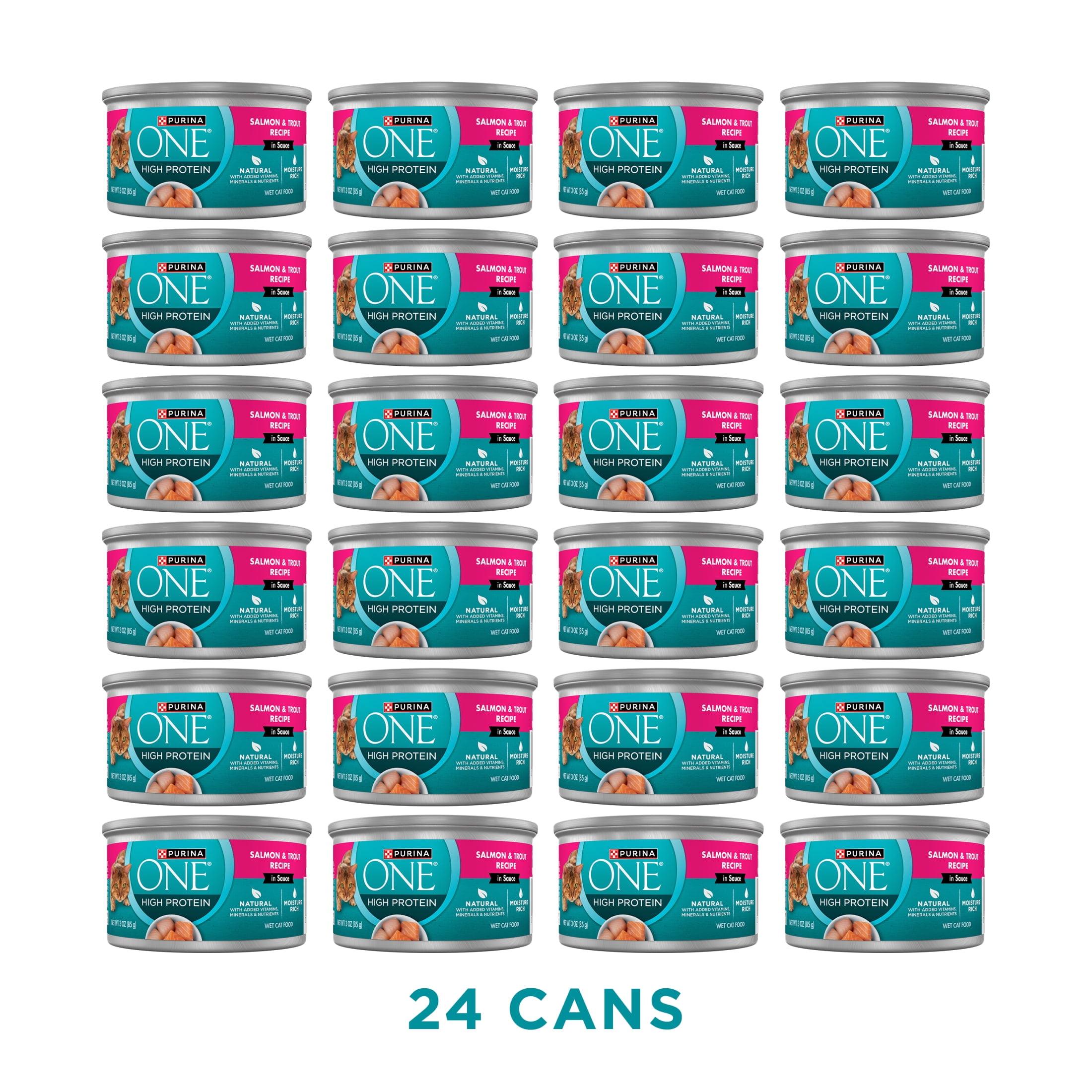 Purina ONE Natural, High Protein Wet Cat Food, Salmon and Trout Recipe in Sauce, 24 Count, 3 oz Cans