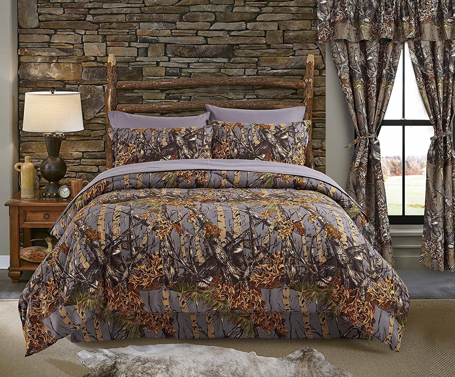 17 PC BROWN CAMO CAL KING SIZE SET! COMFORTER SHEET TWO CURTAIN SETS CAMOUFLAGE 
