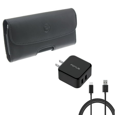 Black PU Leather Case w 30W 2-Port Adaptive Fast Home USB Quick Charger 6ft Type-C Cable A9E for Huawei Google Nexus 6P, Mate 9 20 Pro - LG V20 V50 ThinQ 5G, V40 ThinQ, Stylo 4