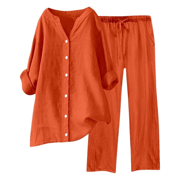 Conjuntos de 2 piezas para mujer: blusa de pierna ancha y pantalones elásticos. Camisa informal con cuello en V y bolsillos. Ropa urbana para todas las estaciones.