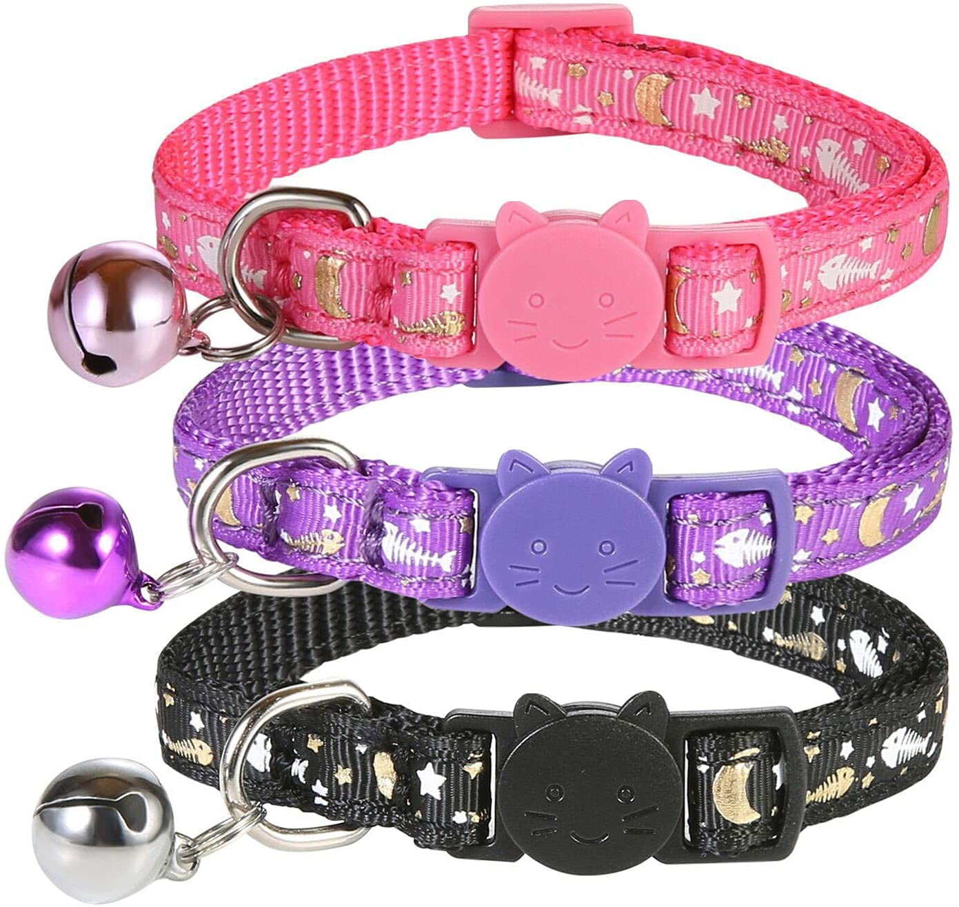 3 Pack Cat Collar Breakaway Kitten Collar with Bell Moon Star and Fish Bone Pattern Cat Collars