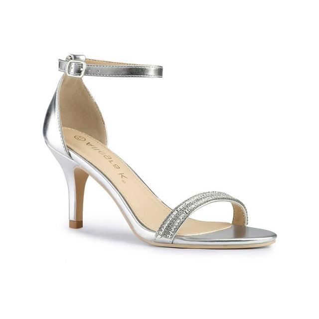 BLISSFUL STEP Women's Solid Color Open Toe Rhines Ankle Strap Stiletto Sandals Silver 7