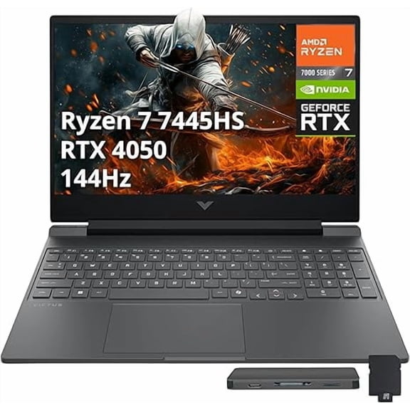 HP Victus 15.6" FHD 144Hz Gaming Laptop, AMD Ryzen 7 7445HS, NVIDIA GeForce RTX 4050, 64GB DDR5, 4TB PCIe SSD, Backlit Keyboard, Copilot, Wi-Fi 6, Windows 11, Mica Silver, 1TB Docking Station Set