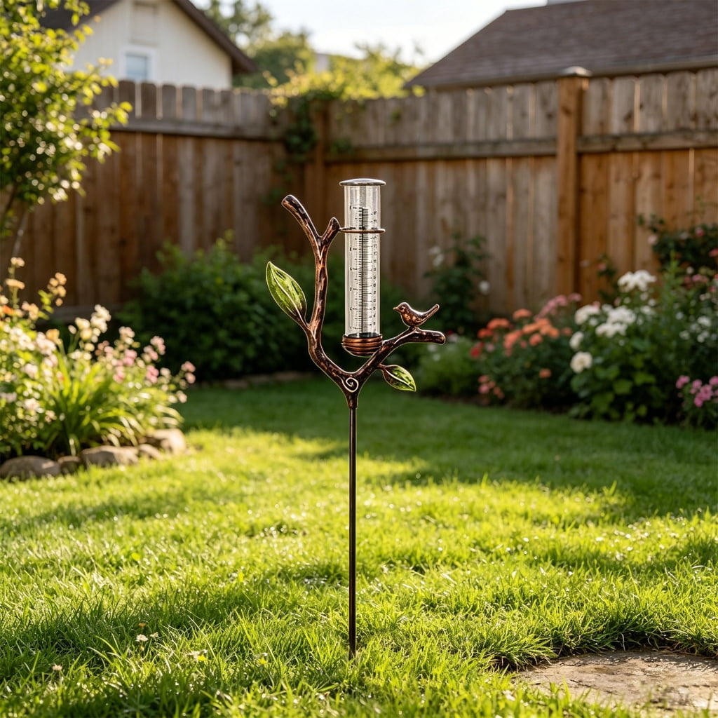 Artistic Nature Themed Rain Meter For Outdoor Spaces Crafted From Premium Metal And Acrylic
