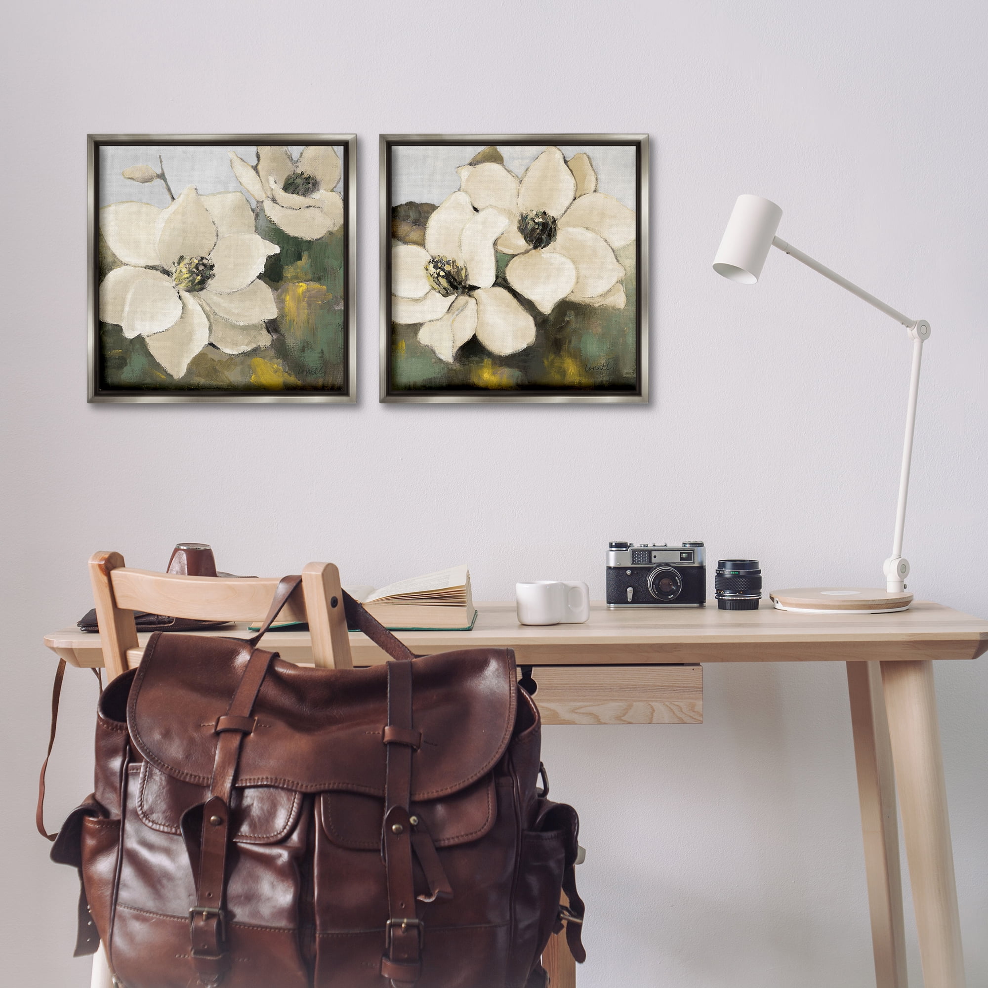 Stupell Industries Blooming Magnolia Blossom Plants & Flowers Painting Gray Floater Framed Canvas Art Print Wall Art, 18 x 18, Set of 2