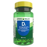 Spring Valley Vitamin D3 Softgels,10 mcg (400 IU), 200 Count, Supplement for Bone and Immune Health