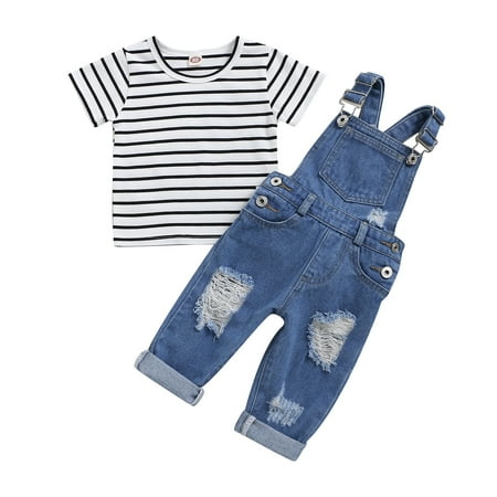

NZRVAWS Baby Girls Fall Outfits 3 Years Baby Girls Stripe 4 Years Baby Girls T-shirt Ripped Jeans Straps Suspender Pants 2Pcs Fall Clothes Set White