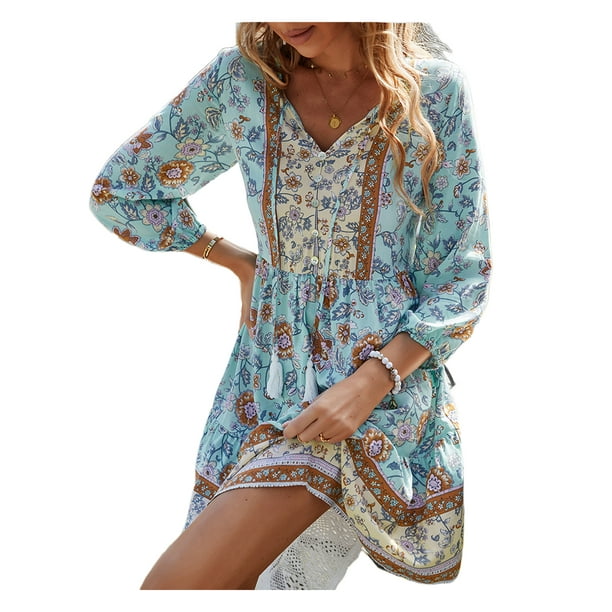 Summer tassel boho dress women v Neck loose short femme bohemian