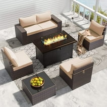 Gotland Outdoor Patio Furniture Set 7 Pcs Rattan Wicker Sectional Sofa with 43.3" Gas Fire Pit Table,Sand