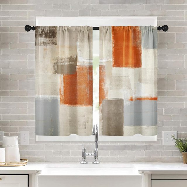 Farmhouse Kitchen Curtains Orange Abstract Window Curtains Short Tier Curtains Over Sink, Modern Art Painting Decor Rod Pocket Window Drapes Set of 2 (26x36 Inch)