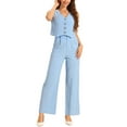 thumbnail image 2 of Conjunto de dos piezas casual de tank top sin mangas de lino con cuello en V y pantalones de pierna ancha para mujer, XL, azul claro, 2 of 6