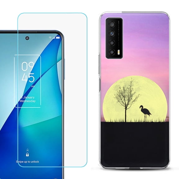 Slim-Fit Gel TPU Phone Case for TCL Stylus 5G, with Tempered Glass Screen Protector, by OneToughShield ® - Moonlight Flamingo