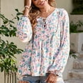 thumbnail image 3 of Blusa tipo túnica con lazo informal, cuello en V, manga larga, estampado floral, Top con volantes para mujer, otoño y primavera, 3 of 6