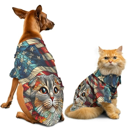 Patriotic Scottish Fold Stained Glass Portrait American Flag Hawaiian Summer Shirt for Small Medium Large Dog Cat Cat Lover Kitten Owner Gifts - 01010