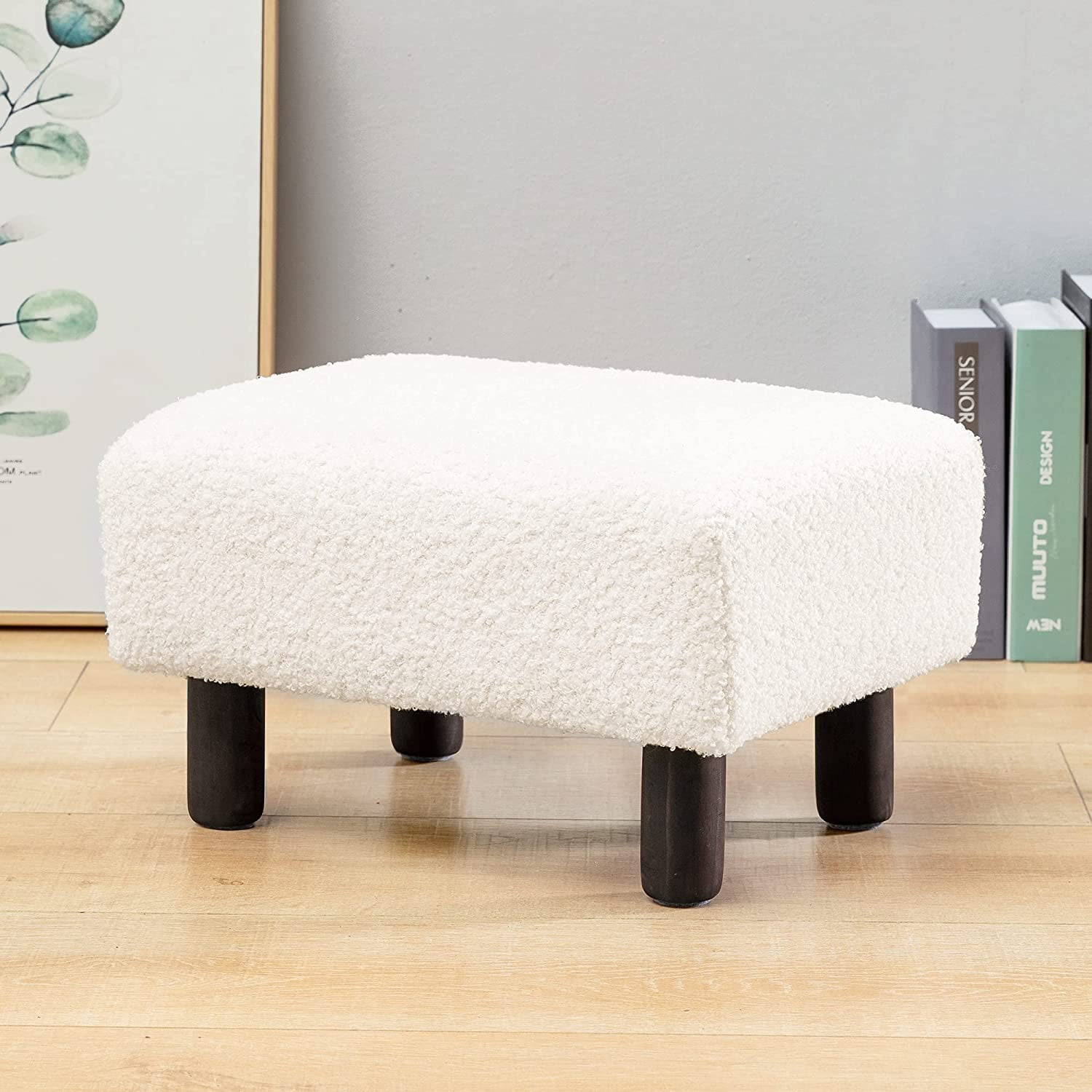 LUE BONA 13 inches Small Foot Stool PU Leather Ottoman with Plastic Legs Footrest Modern Living Room Bedroom Square Stool with Padded Seat Pet Steps Beige 