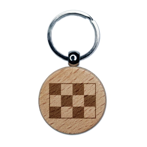 Checkered Flag Round Keychain Charm Tag - Engraved Wood