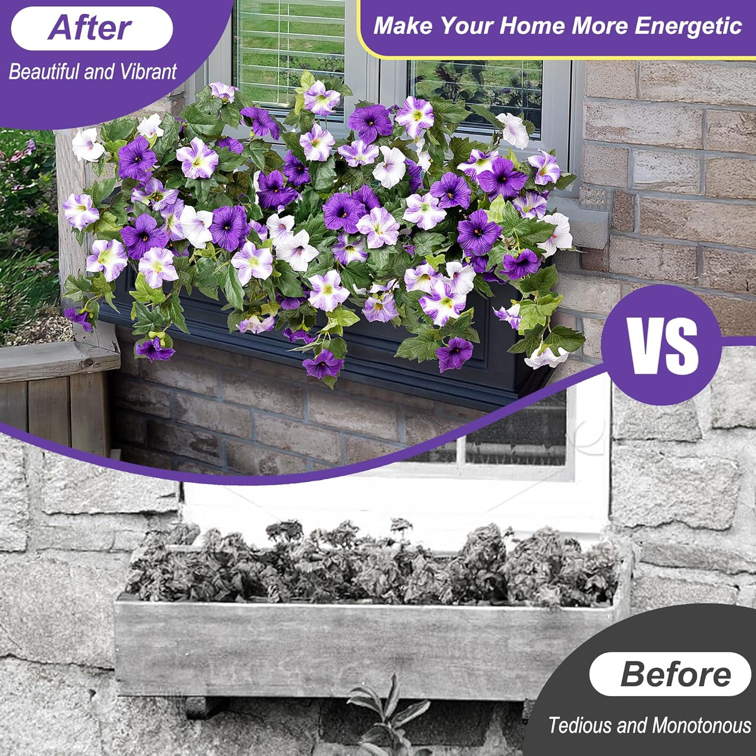 KUNPENG Hanging Basket Window Box Flowers, Mother's Day Garden Decor, Artificial Fake Flowers for Outdoor Decoration, UV Resistant Faux Petunias, Purple White Silk Plants for Porch 3pcs