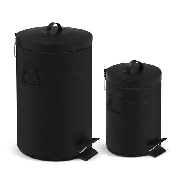 Innovaze 3.2 Gallon and 0.8 Gallon Round Step Bathroom and Office Black Metal Trash Can Set