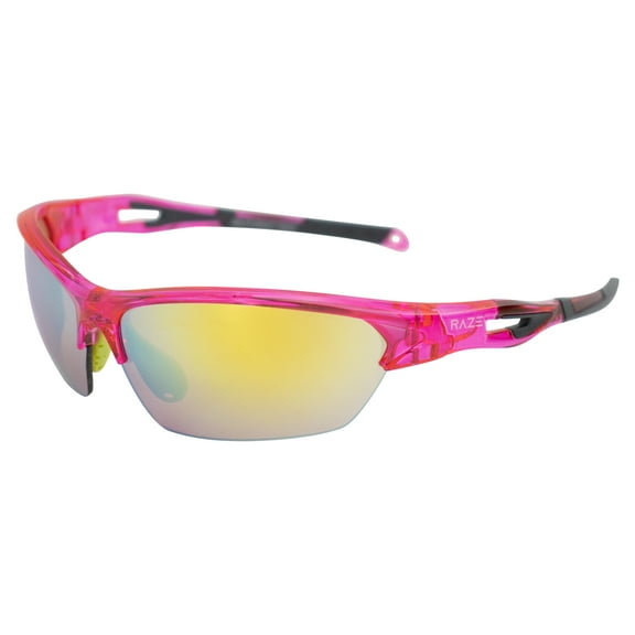 Raze Eyewear Pursuit Wrap Around Sports & Motorcycle Sunglasses Crystal Pink Gloss Frame w/ High Definition Yellow Z Lenses