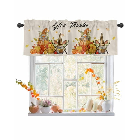 Rod Pocket Window Valances Farmhouse Thanksgiving Day Gnome with Pumpkin Short Kitchen Curtains Retro Linen Burlap Window Treatment Drapes for Bedroom Bathroom Living Room 42x12In 1 Panel