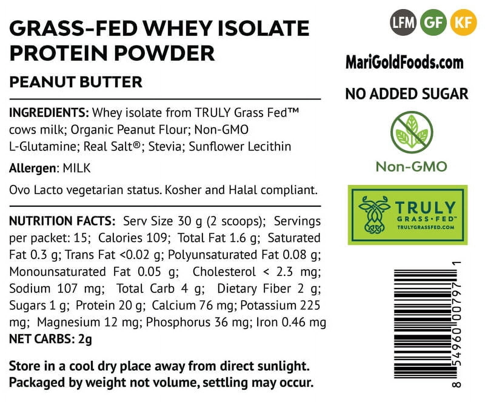 MariGold Peanut Butter Grass-Fed Whey Isolate Protein Powder 1LB - Cold Processed, Undenatured, Non-GMO, rBGH Free, Soy Free, Gluten Free