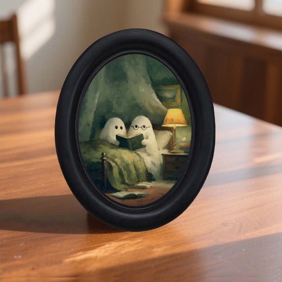 ShaoXinWan Halloween Ghost Oval Wall Art Framed,Vintage Dark Academia Photo Frame for Decoration,Cute Ghost Canvas Prints Decor for Home Reading Nook Library Living Room