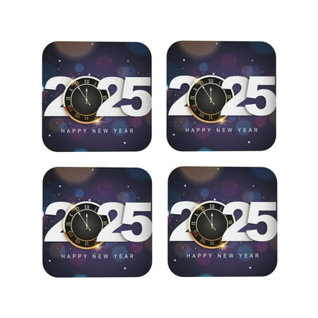 

Fuzoiu 2025 Happy New Year 4 Print Leather Coasters Set Drink Coasters Set of 4 for Tabletop Protection Durable PVC Coasters Home Décor and Housewarming Gift-Square