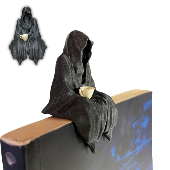 Halloween Sitting Ghost Figurine Holding Tea Cup, Spooky Resin Tabletop Ornament for Mantel Shelf Party Home Decor