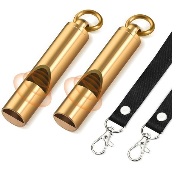 Brass Emergency Whistles 2 Pack with Tangle-Free Lanyard - Pealess Safety Whistle Survival Loud Blast for Kayak Life Vest, Boating, Camping Hiking, Hunting, Adults