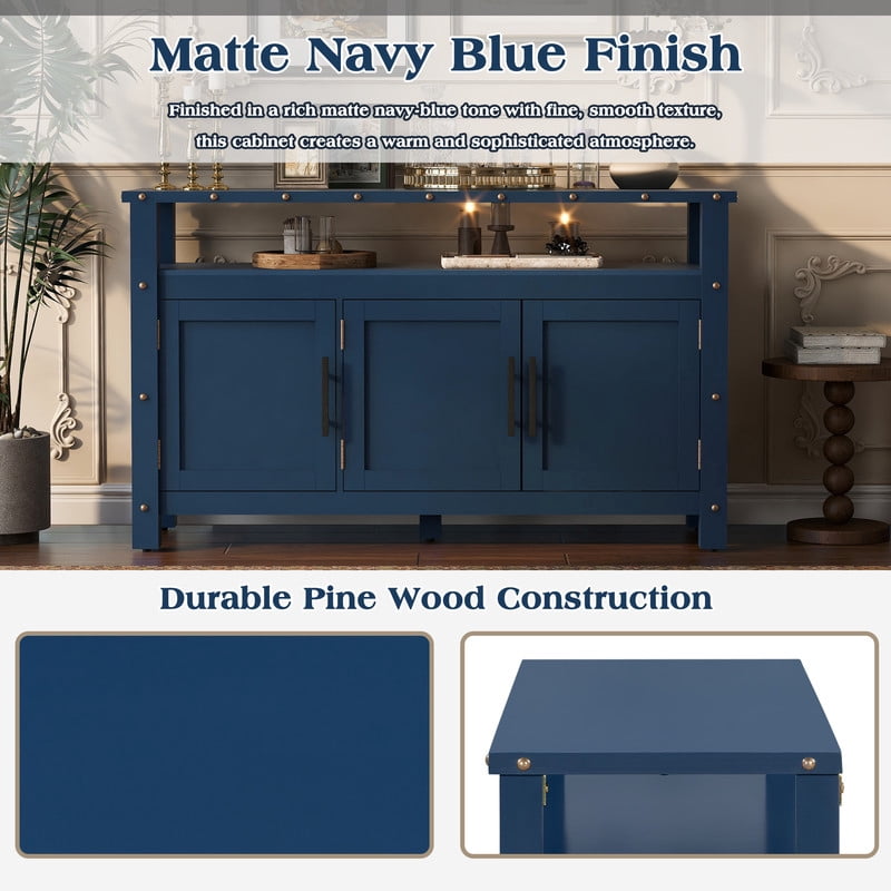 Mid-Century Modern 3-Door Buffet Sideboard Console Table with Nailhead Trim, 2-Tier Open Shelving Coffee Bar Storage Cabinet