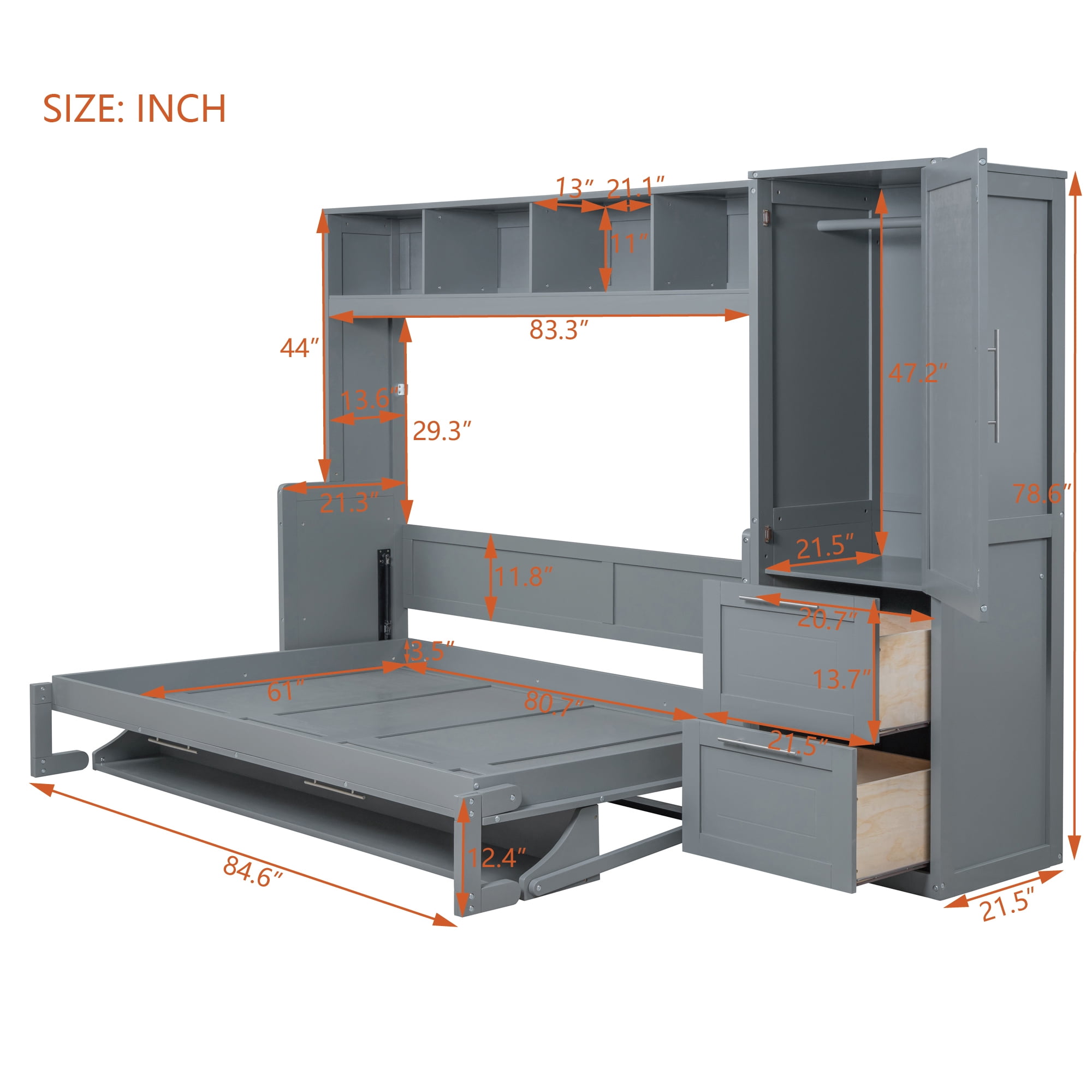 Euroco Wood Queen Size Murphy Bed with Wardrobe, Convertible Wall Bed wiht Cabinets and Shelves, Gray