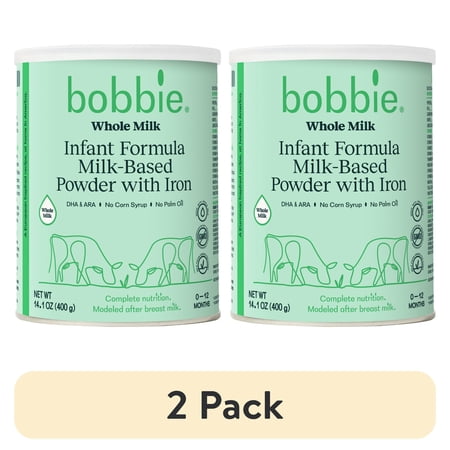 (2 pack) Bobbie Whole Milk Infant Formula for Everyday Feeding, Milk-Based Powder with 1.2mg Iron, Organic Grass-Fed Whole Milk Recipe, 14.1 oz Can